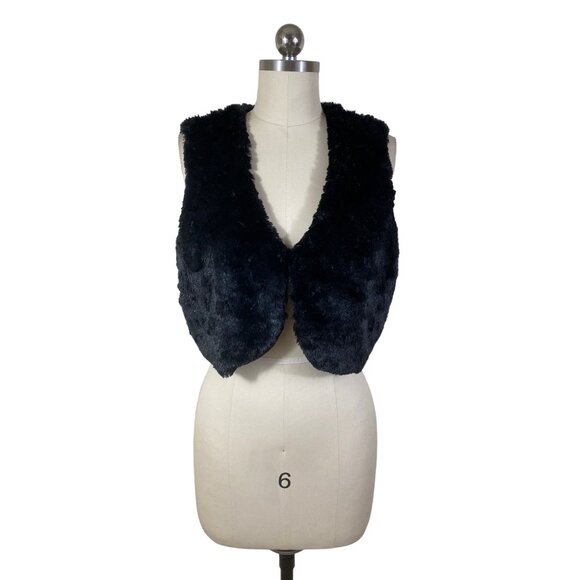 Apt9 Y2K Faux Vegan Fur Crop Vest Womens S/M Black Solid Mob Wife Sleazy Indie - Picture 1 of 9